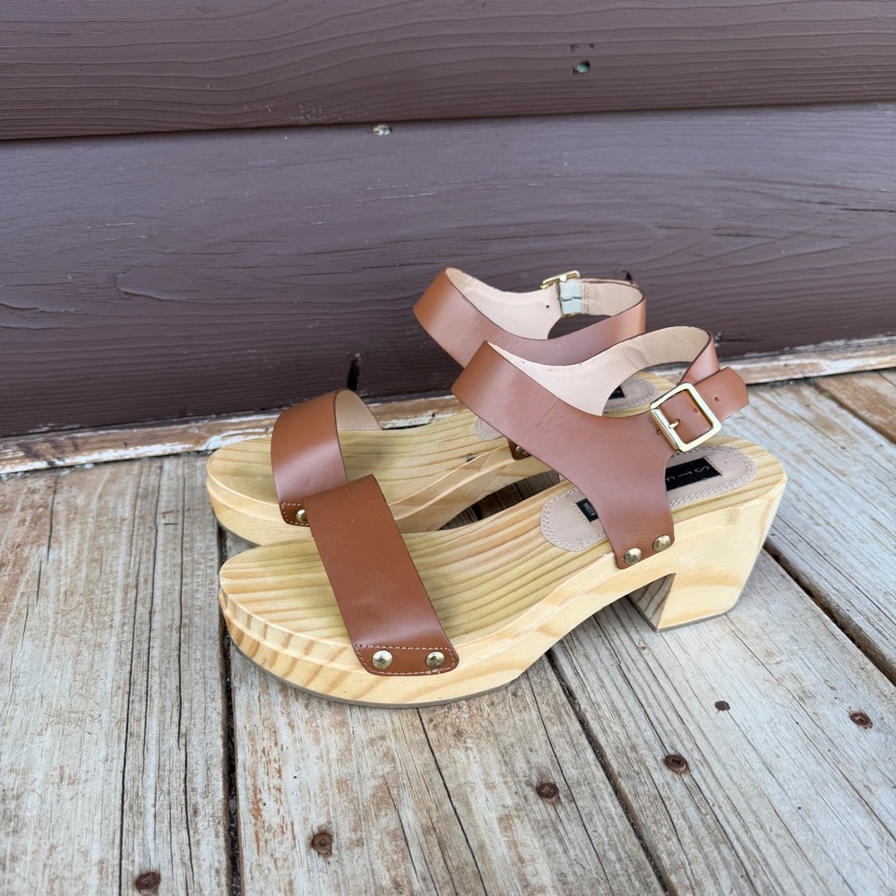 Steven by Steve Madden FABEE Wood Platform‎ Sandals Cognac Leather Women's 9M